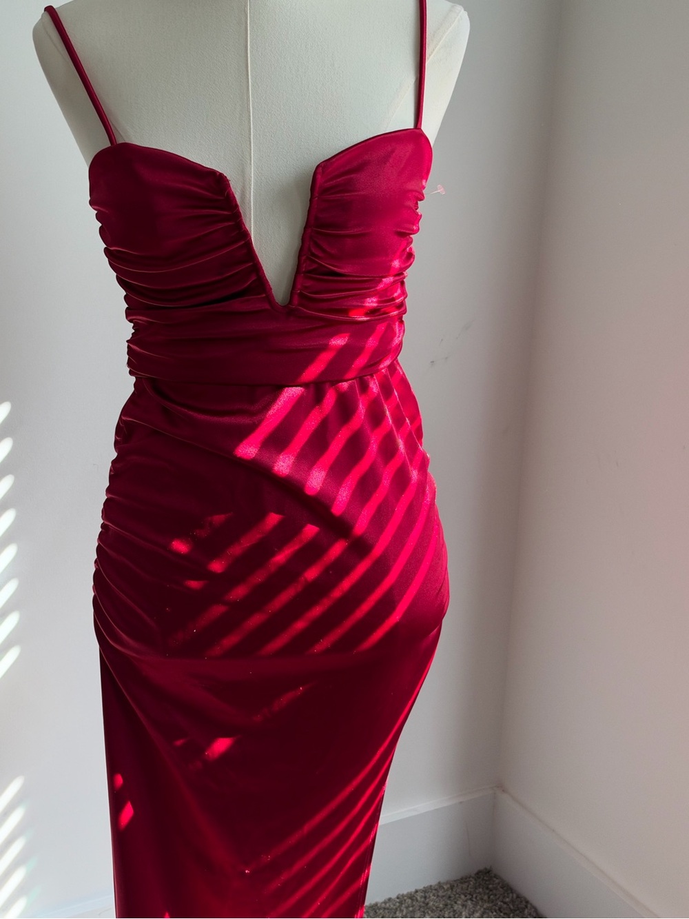 Windsor Deep Fuchsia Ruched V-Plunge Spaghetti Strap Dress